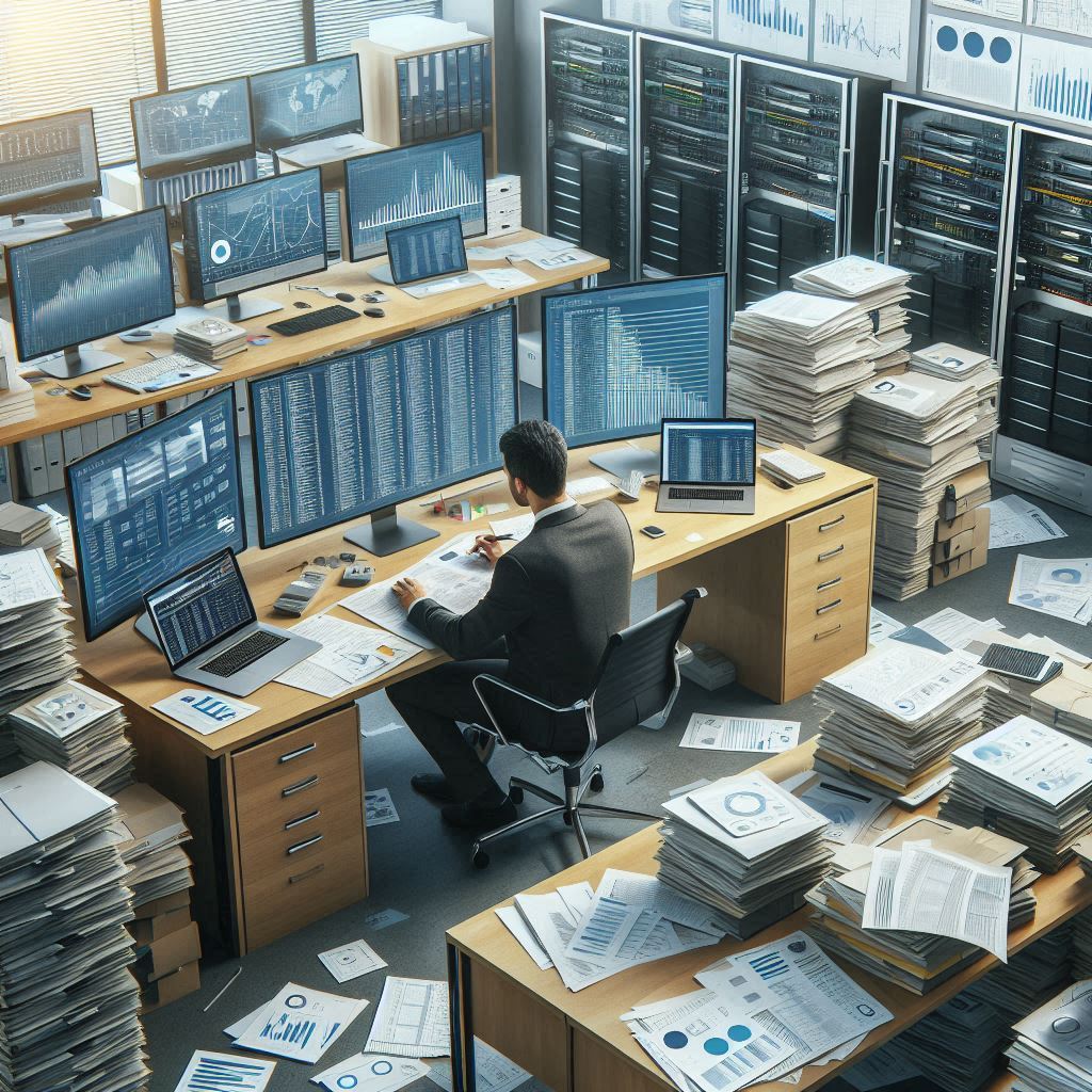 Ein Mann sitzt inmitten von Aktenbergen und arbeitet