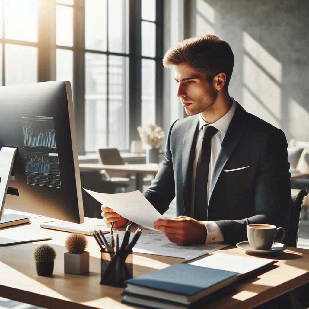 Mann arbeites an seinem Schreibtisch